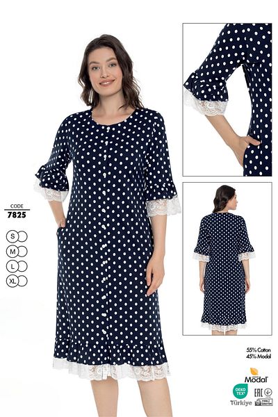 ROMEO LİFE Γυναικείο βαμβακερό ύφασμα Modal Navy Blue πουά καλοκαιρινό φόρεμα 7825