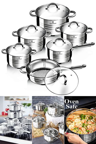 Blaumann 12 Pcs Cookware Set Stainless Steel Pots Jumbo Gourmet Line Induction All Stoves Oven / Dishwasher