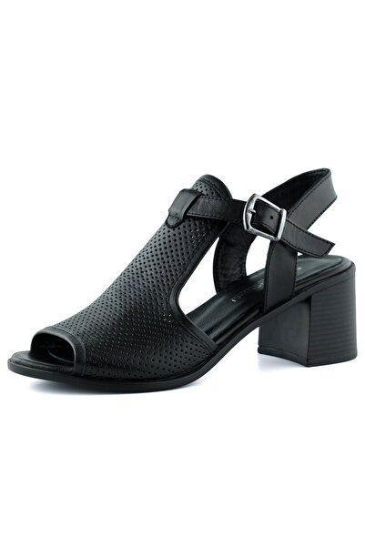 Erkan Saçmacı Elena Black Genuine Calf Leather Comfortable Daily Sandals with Open Front and Back Hole Detail and Thick Heels