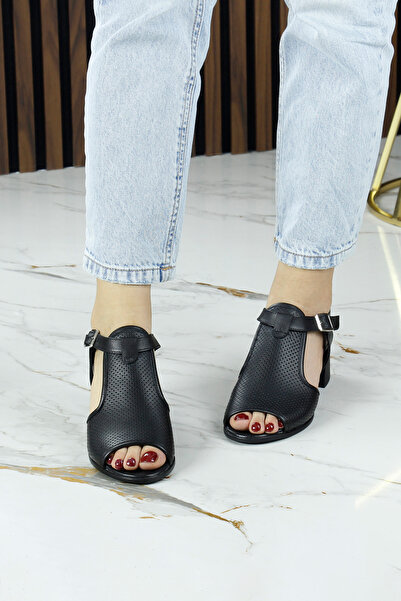 Erkan Saçmacı Elena Black Genuine Calf Leather Comfortable Daily Sandals with Open Front and Back Hole Detail and Thick Heels