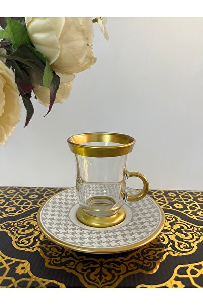 DECOSTYLE Kazayağı Dsenli Kulplu 12 Parça Çay Takımı Gold Porselen Tabaklı