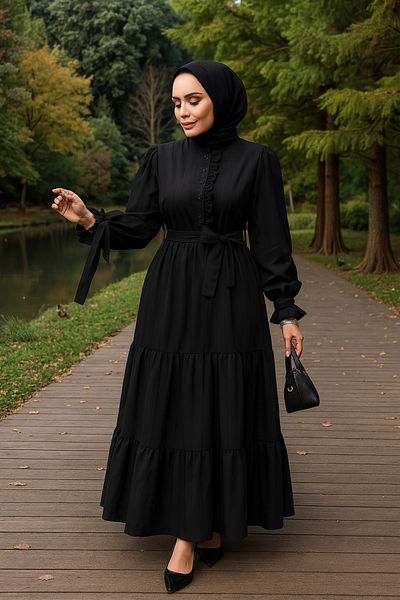 Neva Style Rochie Hijab neagră plisată în straturi 617s