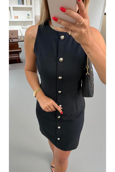 Sezgi Tekin Gold Button Detail Black Dress