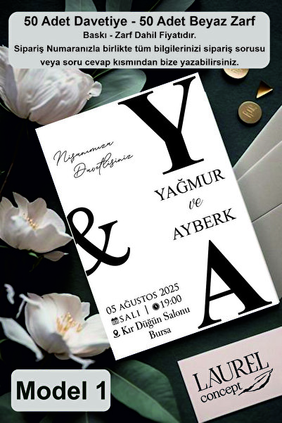 laurelconcept Düğün Nişan Nikah Davetiyesi 50 Adet Laurel