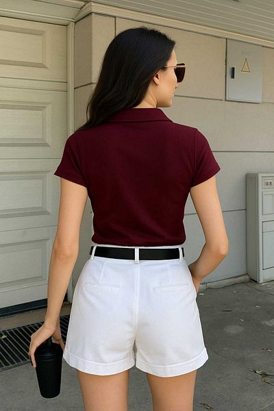 LE CARAMBOLE Women's Burgundy Half Button Polo Neck T-Shirt