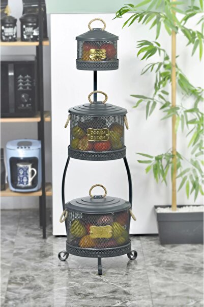 Evistro Metal Standlı 3 Katlı Delikli Patates Soğan Sarımsak Kovası Antrasit
