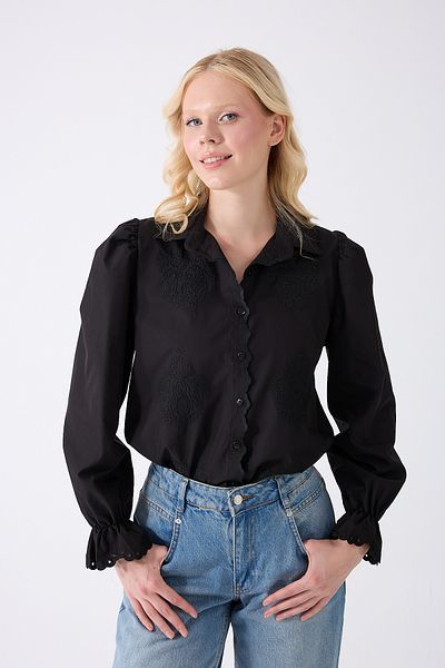fumel women's clothing Women's Black Scallop Detailed Vintage Embroidered Shirt
