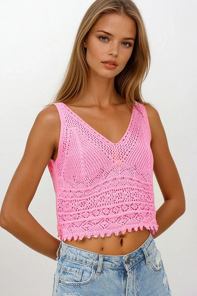 VAGGON Powder Pink Strappy Openwork Knitted Crop Blouse