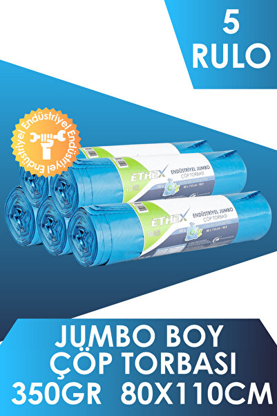 Ethex Endüstriyel Jumbo Boy Çöp Torbası/poşeti(10 ADET 350GR 80 X 110CM 90LT MAVİ, 5 RULO)
