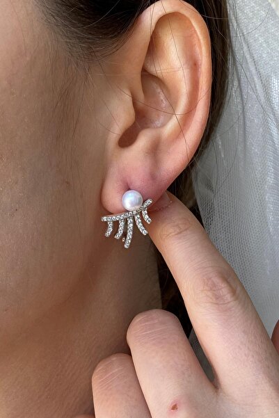 Birinci1926 925 Ayar Gümüş Zirkon Taşlı Çubuk Figürlü Doğal Inci Küpe