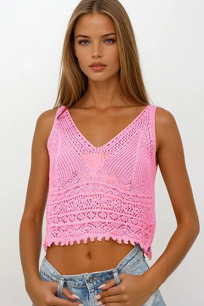 VAGGON Powder Pink Strappy Openwork Knitted Crop Blouse