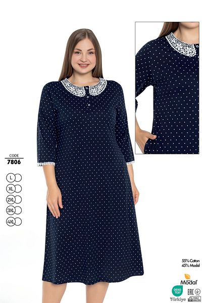ROMEO LİFE Women's Plus Size Cotton Modal Fabric Lace Collar Detailed Polka Dot Navy Blue Dress 7806