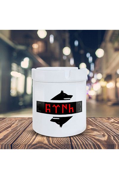 Asilmeydan 201879 Μοντέλο Wolf Printed and Göktürk Written Ceramic Ash Tray - Λευκό
