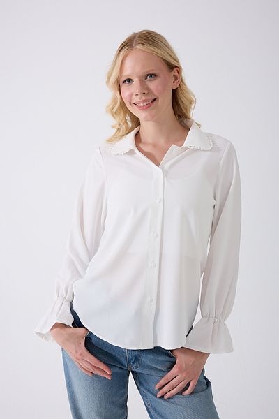 Fumel Women's Ecru Drawstring Sleeve Lace Collar Detailed Woven Shirt