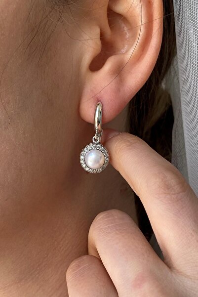 Birinci1926 925 Ayar Gümüş Yuvarlak Taşlı Doğal Inci Kadın Küpe