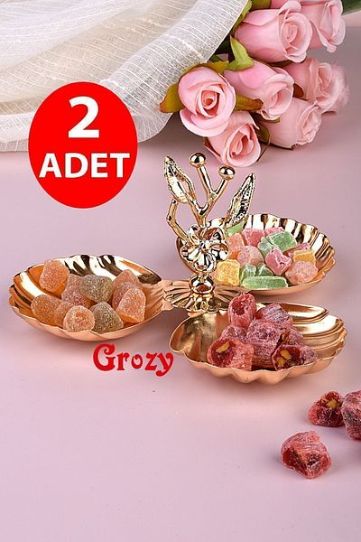 AVMSTORE 2 Pieces Gold Three Compartment Mussel Presentation Container Coffee Side Turkish Delight Container (Crystal Epilator Gift)