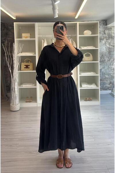LUUNA STORE Kemerli Gömlek Elbise - Siyah