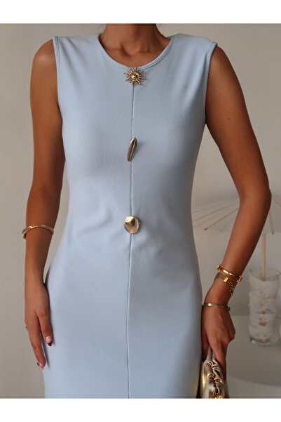 Paw Garage Rochie de vară Ellie Blue Ottoman cu fantă pentru femei, cu detaliu cu nasturi