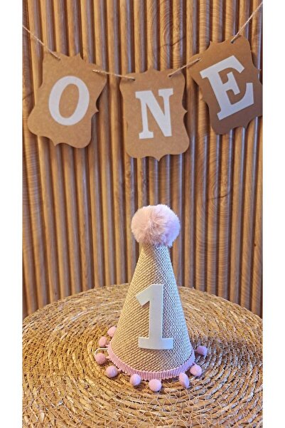 asöy 1 Yaş Şapka Jüt Kumaş Pembe PonPonlu Şapka Doğum Günü Şapkası One Ponpon...