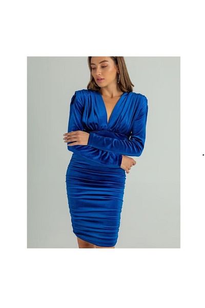 MADAME MELEK Βελούδινο ύφασμα V-λαιμόκοψη με επένδυση Shiring μπλε μίνι φόρεμα Χριστουγεννιάτικο φόρεμα