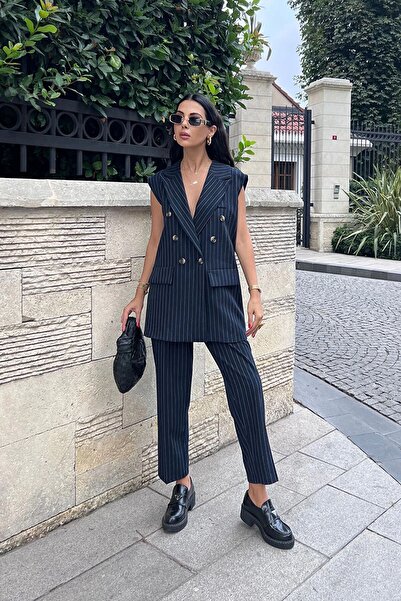 Navy Blue Striped Vest and Pants Set