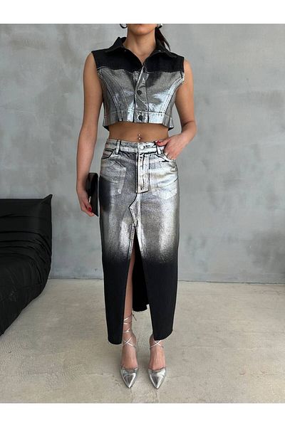 MADAME MELEK Silver Gilded Crop Denim Vest and Front Slit Gilded Denim Skirt Set