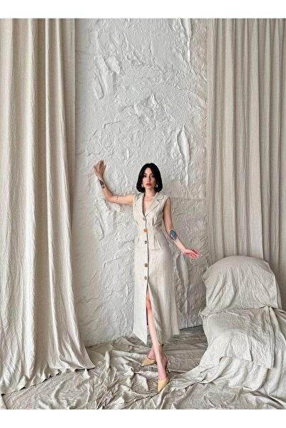 MADAME MELEK تصميم بأزرار طويلة بطول الكاحل من الكتان الفاخر من القطن الجبردين