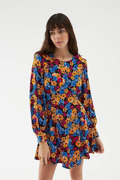 MADAME MELEK Rochie cu fustă scurtă florală asimetrică căptușită Bleumarin
