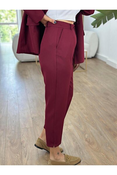 MADAME MELEK Claret Red Trousers and Jacket Set - Lined
