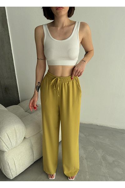 MADAME MELEK Linda Fabric Black Linen Blend Loose Cut Pants Elastic Waist Lace-Up