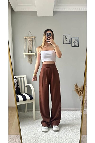 MADAME MELEK بنطال Palazzo بني نسائي بخصر عالٍ وشريط فيلكرو