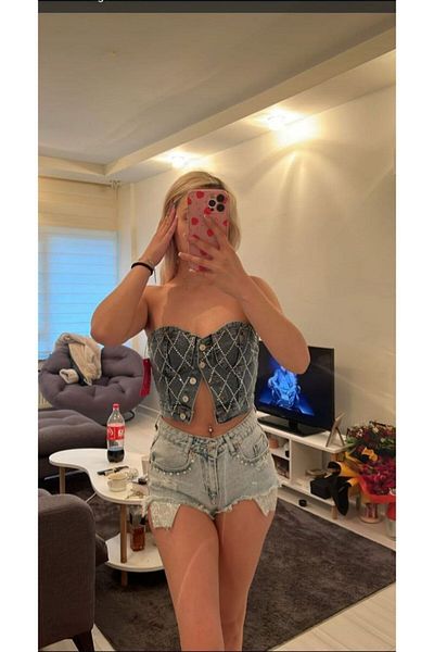 MADAME MELEK Design Stone Jeans Crop cu spate elastic