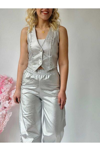 MADAME MELEK Pantaloni Palazzo cu frunze argintii cu talie elastică