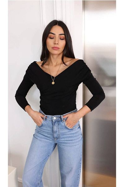 MADAME MELEK Bluză neagră cu guler dublu Diva Lycra Buzzy Fabric Design