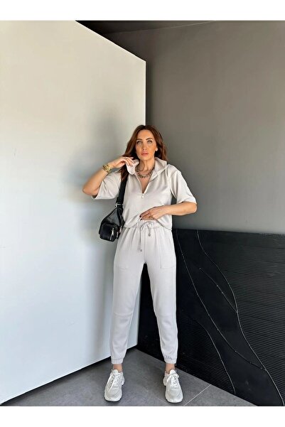MADAME MELEK Yaka Ve Paçası Fermuarlı Takım Pantolon Tişört Takım Eşofman Takımı