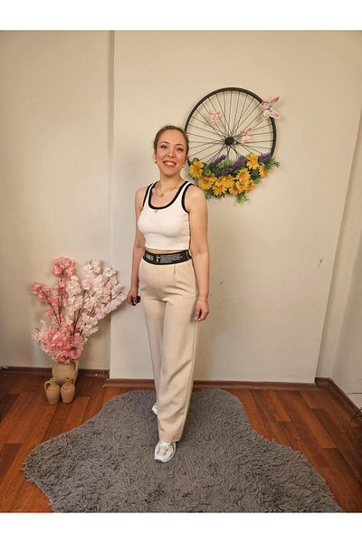 MADAME MELEK Imported Fabric Palazzo Trousers with Elastic Waist and Zipper