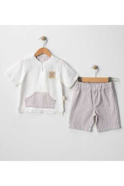 Pio Kids 100% Cotton Organic Muslin V-Neck Shirt with Label Detail Striped Li...