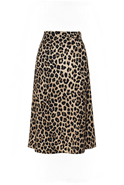 MODA MIHHEL Nora Leopar Desenli Bej Saten Etek