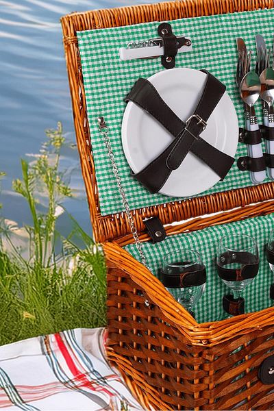 Perotti Picno Italy 4-Person Portable Picnic Basket with Wicker Green Lining - Accessory Basket Included