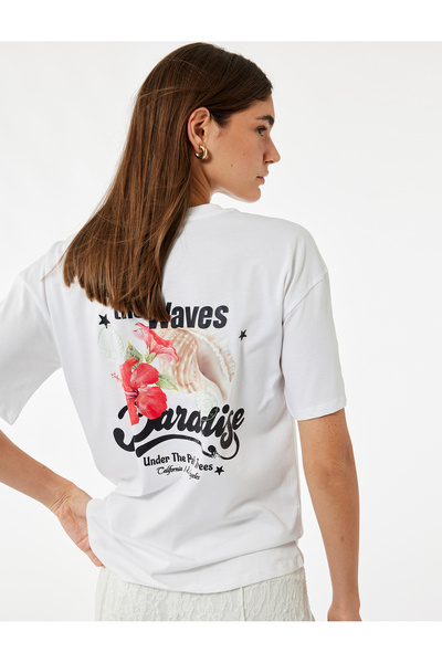 Koton Βαμβακερό μπλουζάκι με κοντό μανίκι με λαιμόκοψη με άνετη εφαρμογή