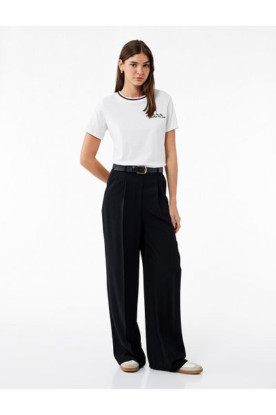 Koton Short Sleeve Lapel Detail Crew Neck Cotton Embroidered T-Shirt