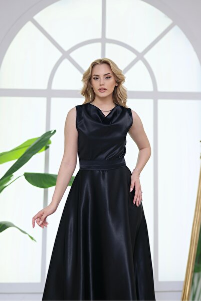 ASLIHANGÜNER Women's Black Degaje Collar Zero Sleeve Satin Vıvia Dress