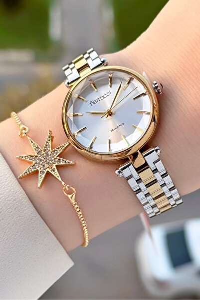 Ferrucci Gold Gümüş Renk 35 Mm Kadın Kol Saati ve Bileklik