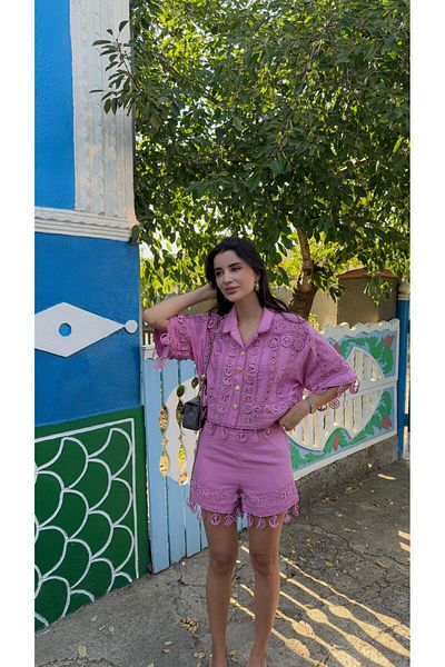 HAZELANNA Embroidered Shorts-Shirt Premium Pink Set