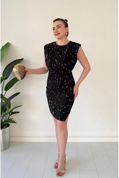 Afiş Butik Black Zero Sleeve Draped Stone Detailed Mini Dress
