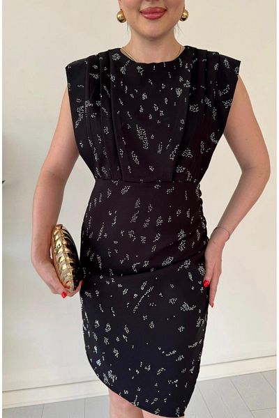 Afiş Butik Black Zero Sleeve Draped Stone Detailed Mini Dress