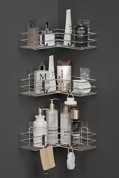 Hill Homes Suport de colț pentru baie din 3 piese, cromat argintiu, cu adeziv |   Organizator pentru șampon pentru duș Organizator pentru rafturi de colț