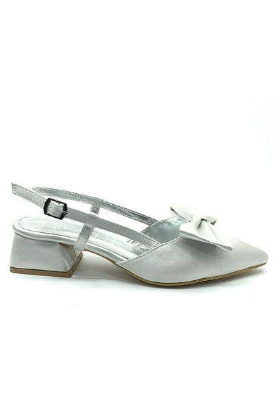 KOCAMANLAR Feles Ribbon Detailed Open Back Women's Ballerina Shoes Silver