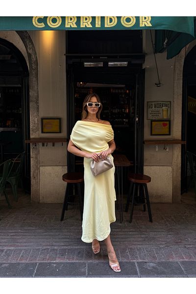 AlisaSu Women's Draped Asymmetrical Dress with Gathered Detail on the Shoulders