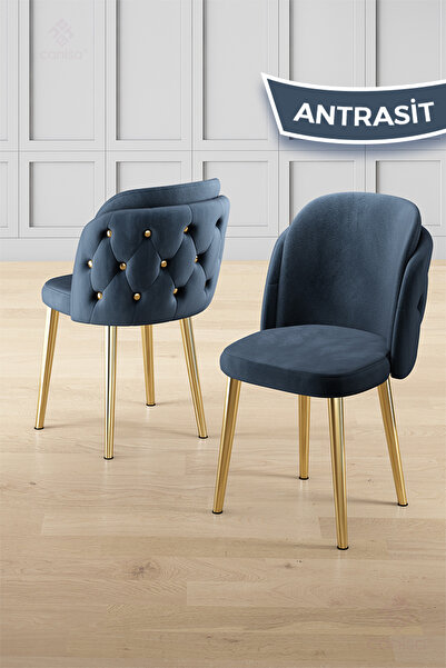 Canisa Zae Serisi 90x168 Lak Panel Antrasit Ironi Gold Ayak Masa Takımı 4 Antrasit Sandalye
